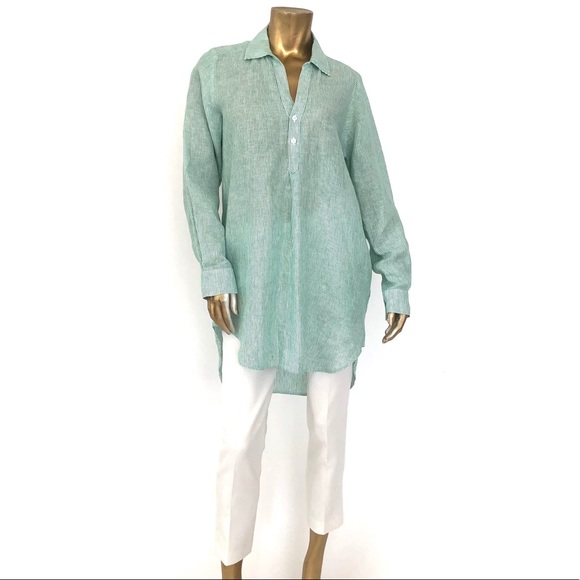 HARSHMAN 100% LINEN GREEN STRIPE TUNIC DRESS   M - Picture 2 of 8